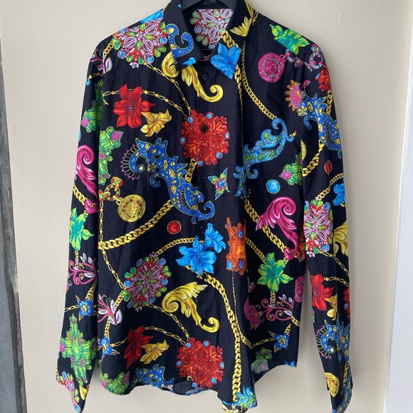 Black Print Versace Long Sleeve button up Size 43 - Picture 1 of 4